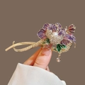 Elegant gold hair clip featuring purple enamel flower with pearl and drop pendant - Purple Gradient Flower Twist Clip with Pendant