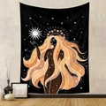 Bohemian goddess tapestry with celestial stars and sun on black background wall decor - GT705-3 (Orange Gold Hair Goddess)