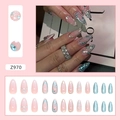 Light blue and pink press-on nails with 3D silver lines and rhinestones, 24 pieces set - Z970 Ocean Rhinestone (Glue Style)