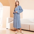 Women's absorbent grey-blue bath robe with white piping and waist tie belt - Mist Blue (Women)