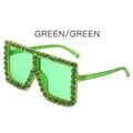 Oversized square green sunglasses with crystal rhinestone embellishments for women - Green Frame / Green Lens