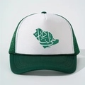 Grün-weiße Trucker-Mütze mit Saudi-Arabien-Landkarten-Druck und Mesh-Rückseite - Verstellbar / Weiß & Dunkelgrün