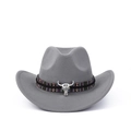 Detail of light gray western cowboy hat with ethnic band and silver bull head ornament - Grey Ethnic Bull Head