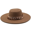 Detailed shot of brown wool felt wide brim hat featuring a decorative chunky gold chain - M (56-58cm) / Khaki