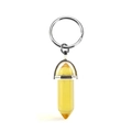 Yellow hexagonal crystal column keychain with polished silver metal ring on white background - Citrine