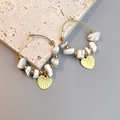 Bohemian gold stainless steel hoop earrings with white marble stones and fan pendants - Heart