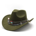 Detail of dark green wool felt cowboy hat with ethnic beads and turquoise embellishment - M (56-58cm) / Army Green
