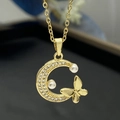 Gold-plated moon and butterfly pendant necklace with white zircons and pearls for women - Gold (8305)