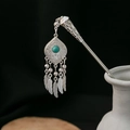 Silver vintage hollow hair pin with green turquoise stone and feather tassel pendants - Silver/F221/Turquoise Feather Tassel