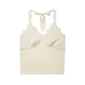 Detalle del top halter crema con encaje delicado y textura de tela de satén brillante - S / Blanco