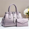 Detail of lavender crocodile-embossed tote bag set with metal hardware and matching pouch - L28xW14xH20cm / Gray