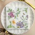 Square floral paper napkins with purple flowers and butterflies on a white lace plate - Purple Flower Bee Butterfly (1029)