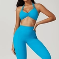 Conjunto de yoga azul eléctrico con sujetador deportivo halter y mallas con bolsillos - XL / Verde azulado