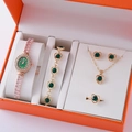 Damen Schmuck-Uhrenset aus Goldlegierung mit smaragdgrünen Steinen und Kristalldetails - Gold Grüner Edelstein Set (Ohne Box)