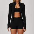 Set da yoga nero in 3 pezzi con giacca a zip, reggiseno sportivo e pantaloncini a vita alta - Taglia S / Top E Pantaloni / Set da 3 pezzi (con pantaloncini) / Nero premium