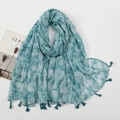 Detail of teal watercolor print scarf with lightweight fabric and fringe tassels - Cyan Blue Gradient Style (XB952)