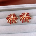 Detail of vintage flower earrings with red enamel petals and zircon crystal center - Gold & Dark Red (Silver Needle)