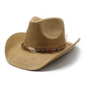 Sombrero vaquero de paja clásico con banda de cuentas y ala ancha curvada - Caqui / M (56-58cm)