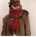 Classic red plaid scarf with tassels in soft wool blend for a cozy autumn winter style - Retro Korean Red Plaid