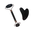 Black jade facial roller and heart-shaped gua sha set with metallic frame - Black (Roller And Heart Scraper)