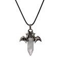 Vintage bat wing necklace with transparent hexagonal crystal quartz on a black cord - White Turquoise Wax Cord