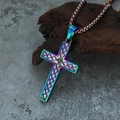 Detail of a rainbow plating stainless steel cross pendant on a rustic wood background - Pendant Only / Rainbow
