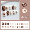 Braune Bären und karierte Kunstnägel Set mit Blumen und Schleifen Design 24 Stk - Braunes Süßes Bären-Stil (A3101) - Kleber-Typ