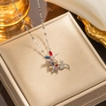 Silver bow necklace featuring multi-color floral gemstone pendant in elegant gift box - Five-Color Rhinestone Flower Silver (323)