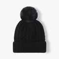 Gorro de punto trenzado negro para mujer con pompón grande de piel sintética y borde - Negro