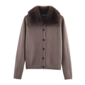 Brown long-sleeve knit cardigan with faux fur collar and black buttons on white background - S / Khaki