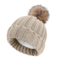 Beige cable knit pom pom beanie with warm fleece lining and fluffy brown faux fur - Beige / Kids