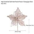 Champagne silver 24cm glitter mesh artificial Christmas flower with velvet and pearl detail - Champagne Silver