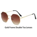 Gafas de sol poligonales de metal dorado con lentes degradadas marrones para unisex - Montura Dorada Lente Marrón