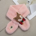 Pink faux fur kids scarf featuring cartoon deer decoration and a cute branded woven label - Baby Pink