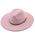 Elegant pink flat brim fedora hat with a brown leather decorative band and gold buckle - Light Purple Grey