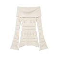 Pull en maille crème moulant à épaules dénudées avec détails ajourés et bords ondulés - S / Blanc Cassé