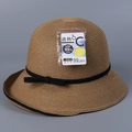 Detail of brown straw sun hat showing black bow and UPF 50+ sun protection label - M(56-58cm) / Khaki