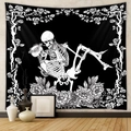 Gothic skull lovers tapestry with floral rose border for bohemian wall art decoration - 150x200cm / Black & White Skull Rose (GT111046)