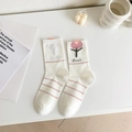 White cotton crew socks with pink tulip pattern and Sweet embroidery in warm setting - One Size / Pink Tulip