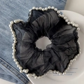 Elegant black organza scrunchie featuring white pearl trim and vintage aesthetic - Pearl Edge Black Mesh