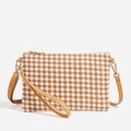 Brown and white checkered woven crossbody straw bag with leather strap and gold hardware - Brown