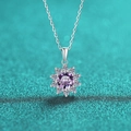 Macro shot of purple moissanite sunflower pendant with white diamonds on silver chain - 1 Carat Purple Moissanite