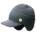 Detail of dark grey knit winter hat featuring earflaps and a thick warm lining - Bronze Tag Double Layer (Non-fleece) / Gray