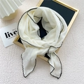 White semi-circle cotton linen scarf with black scalloped embroidery and dot pattern - Off White / 90*90*160cm
