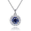 S925 sterling silver necklace with round blue gemstone pendant and diamond halo - Royal Blue 【White Gold】