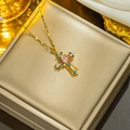 Exquisite gold cross necklace pendant with colorful crystals for a stylish luxury look - 8855 Gold Colored Diamond Cross