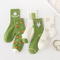Mid-calf cotton socks featuring green rabbit and carrot motifs with Good Luck text - Unisex (35-44) / Carrot Rabbit Theme (Mixed)