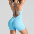 Light blue backless yoga romper with multi-strap criss-cross design in seamless knit fabric - S / Top And Bottom / Sky Blue