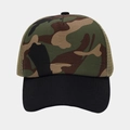 Detail of a camouflage trucker hat with breathable mesh back and black curved brim - Camouflage with Black Brim