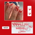 Macro display of oval pink press-on nails with red and white spiral wave pattern textures - W019 Red White Lines